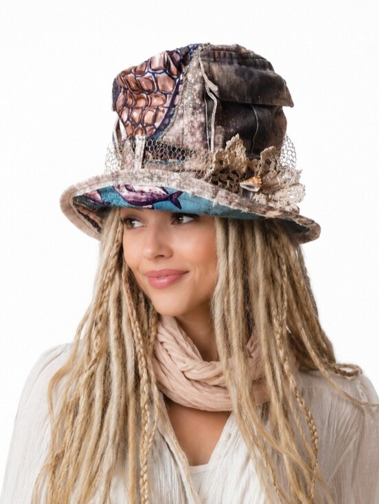 Avant-Garde Top Hat Designer Turtle Patched Raw Upcycled Denim Gold Lace Shell main image 8